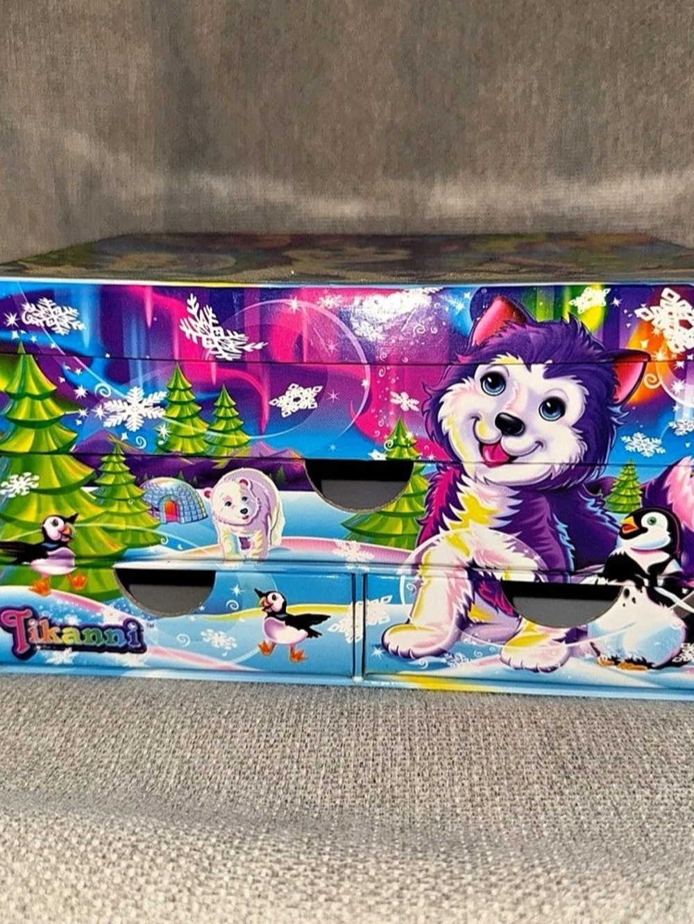 Lisa Frank Jewelry Art Pencil Box with Drawers Tikanni Winter Wolf Husky vtg y2k
